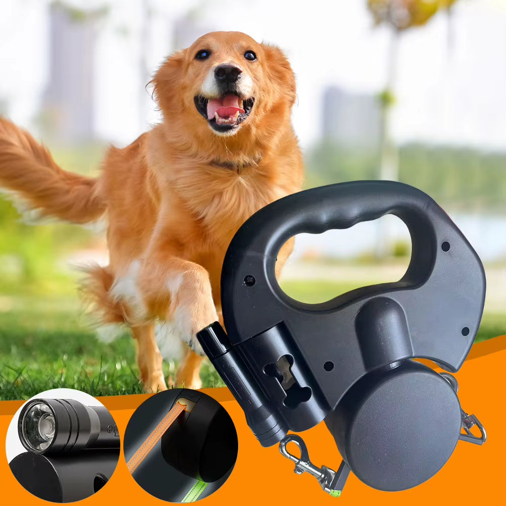 Double Headed Dog Leash Traction Rope 360 Degree Swivel Dual Pet Leash with LED Light Retractable Dog Leash for 2 Dogs